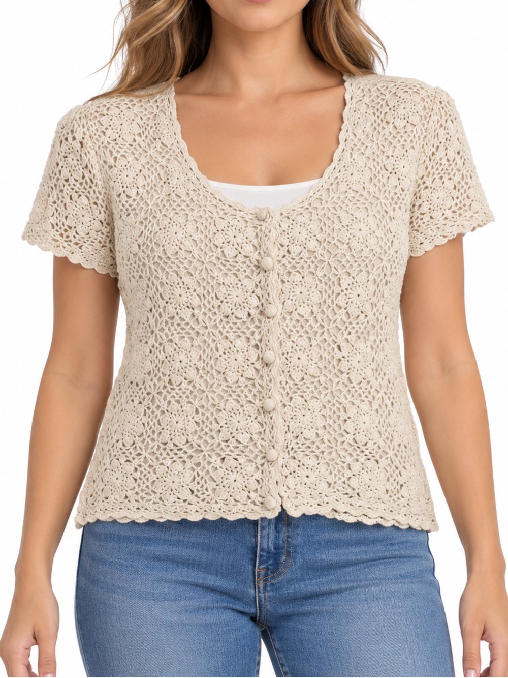 Vintage 90s Jaclyn Smith Floral Crochet Cardigan Top Cream Size Large